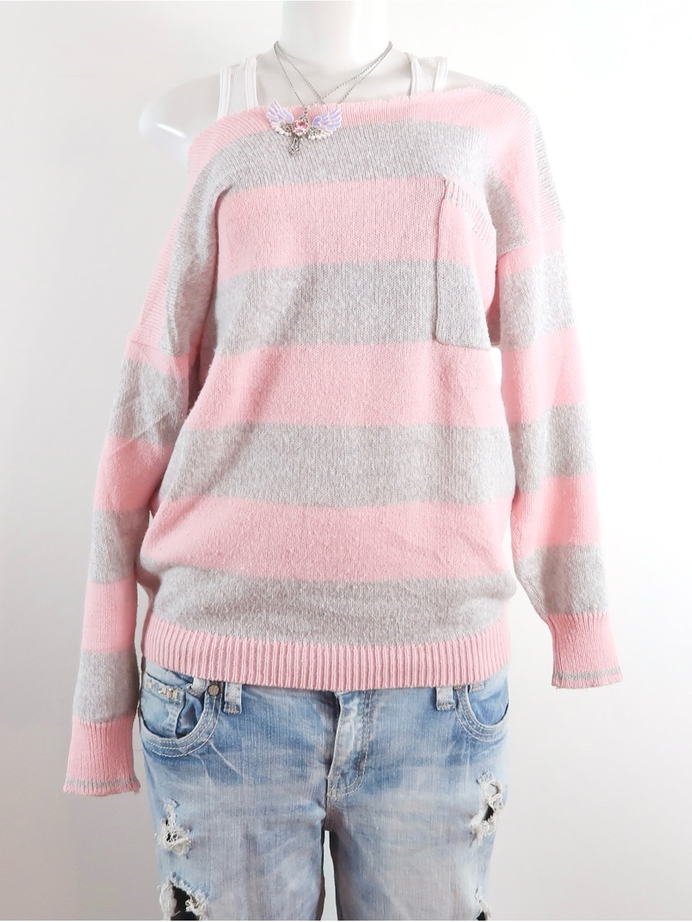 Striped Pink & Gray Off-Shoulder Women's Sweater